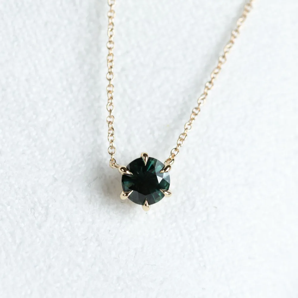 1.15ct Deep Teal Green Madagascar Sapphire Six Prong Necklace in 14k Yellow Gold