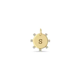 14k Single Medium Engraved Initial Disc with Prong Diamonds Charm