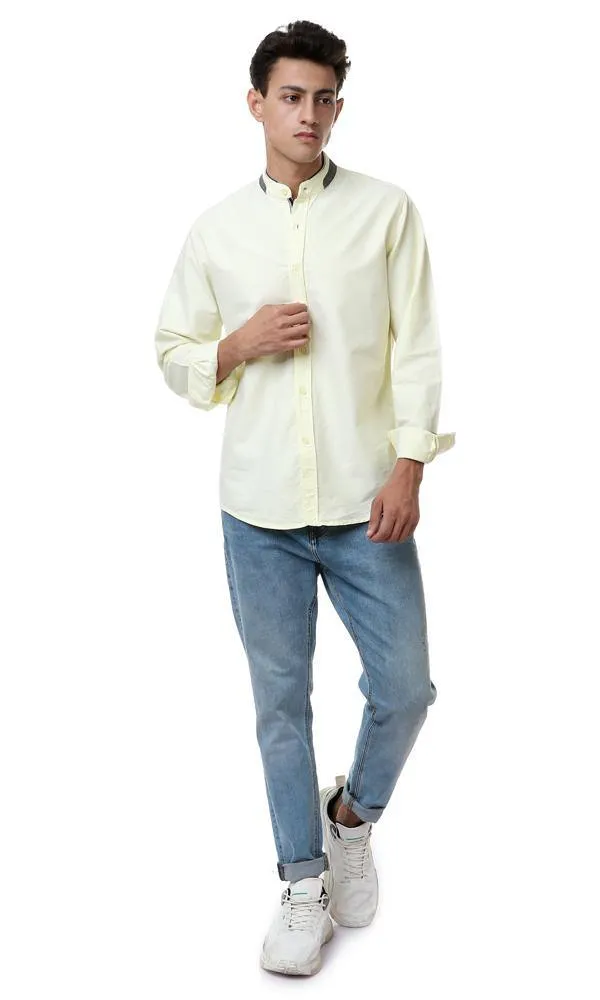 57893 Mandarin Collar Long Sleeves Slub Shirt - Light Yellow