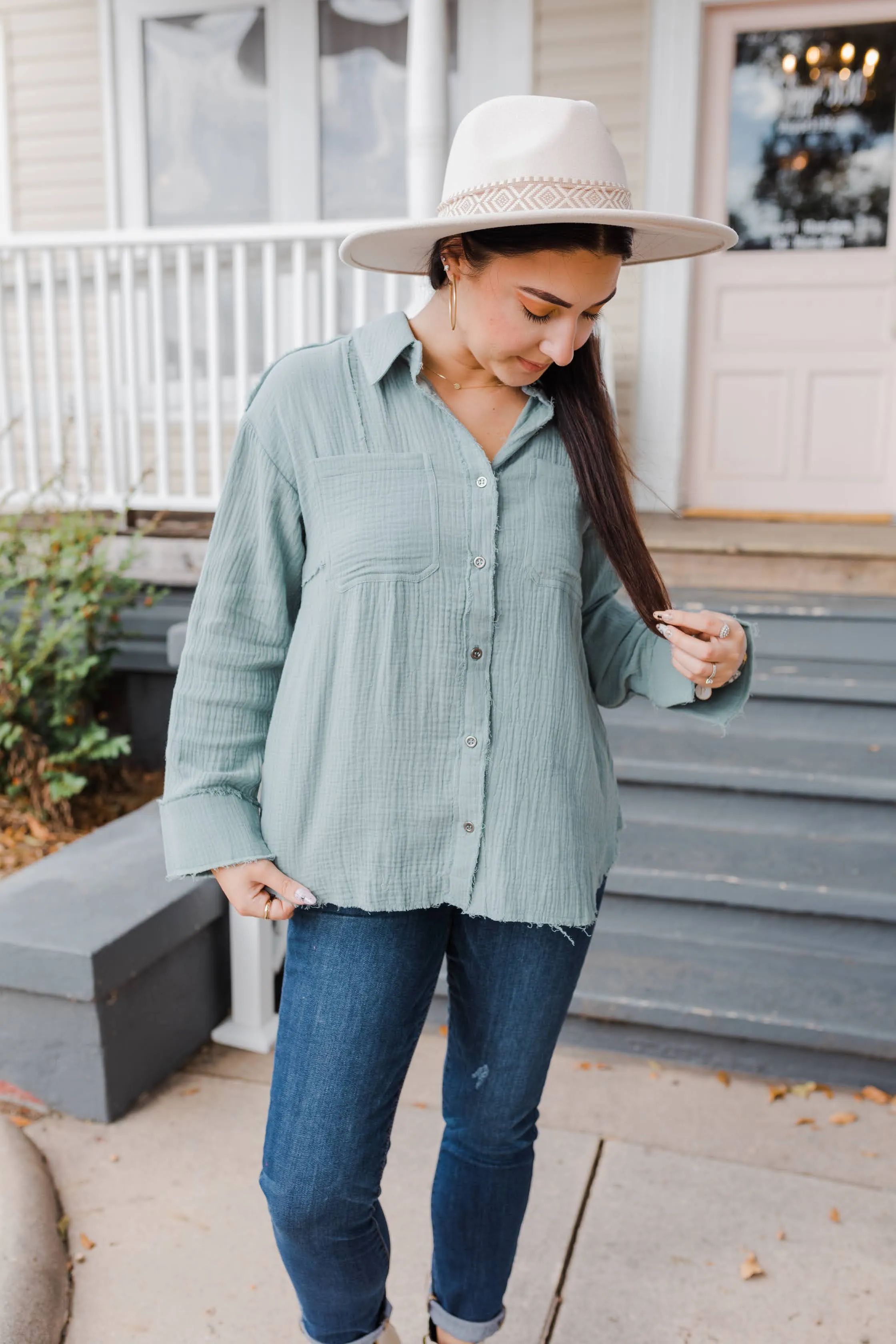 Addison Green Gauze Button Up Top