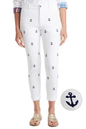 Ankle Capri Stretch Twill White with Anchor