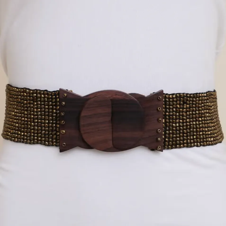 Berkley Gold Beaded Wooden Buckle Belt