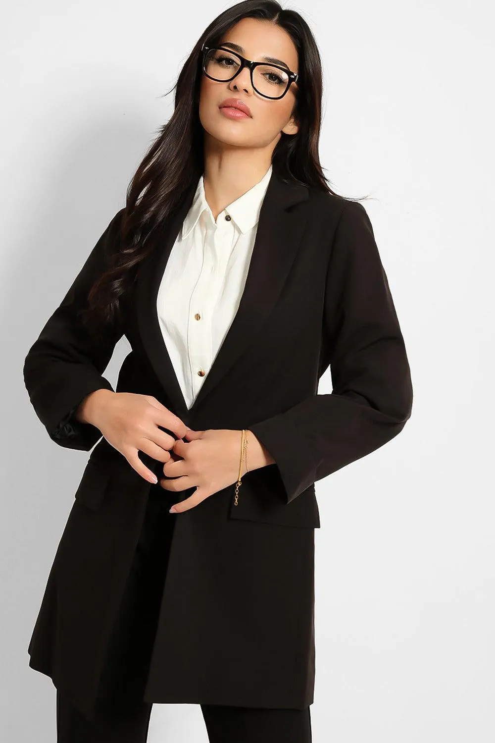 Black 3/4 Sleeve Open Front Long Blazer