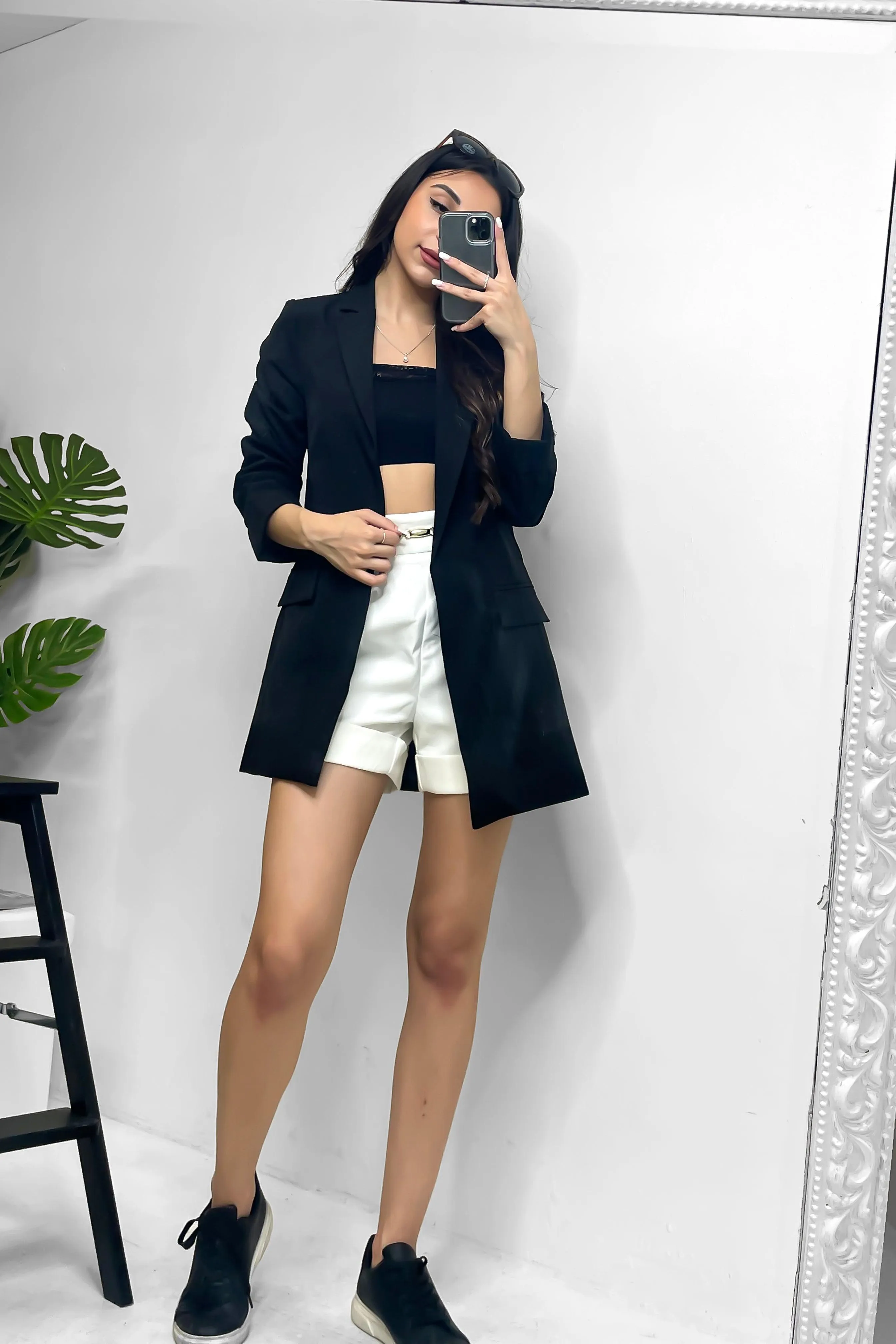 Black 3/4 Sleeve Open Front Long Blazer