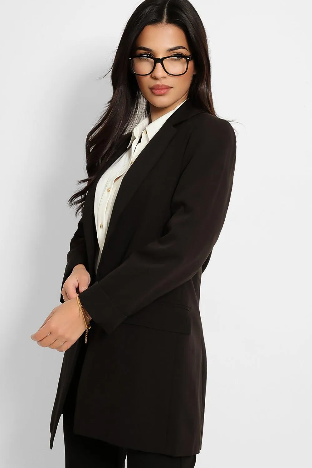 Black 3/4 Sleeve Open Front Long Blazer