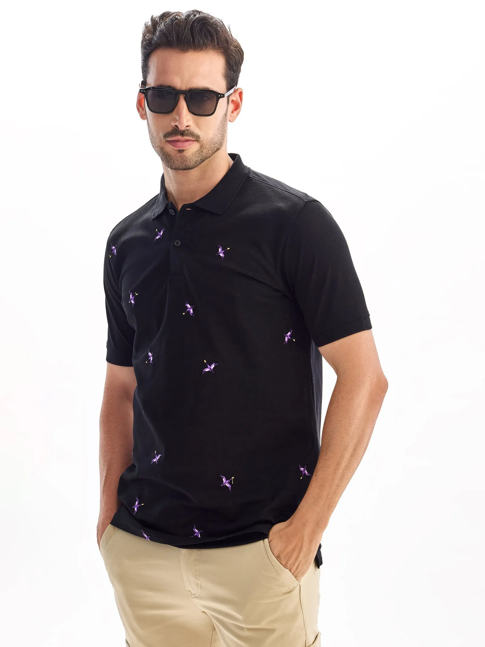 Black Printed Polo T-Shirt