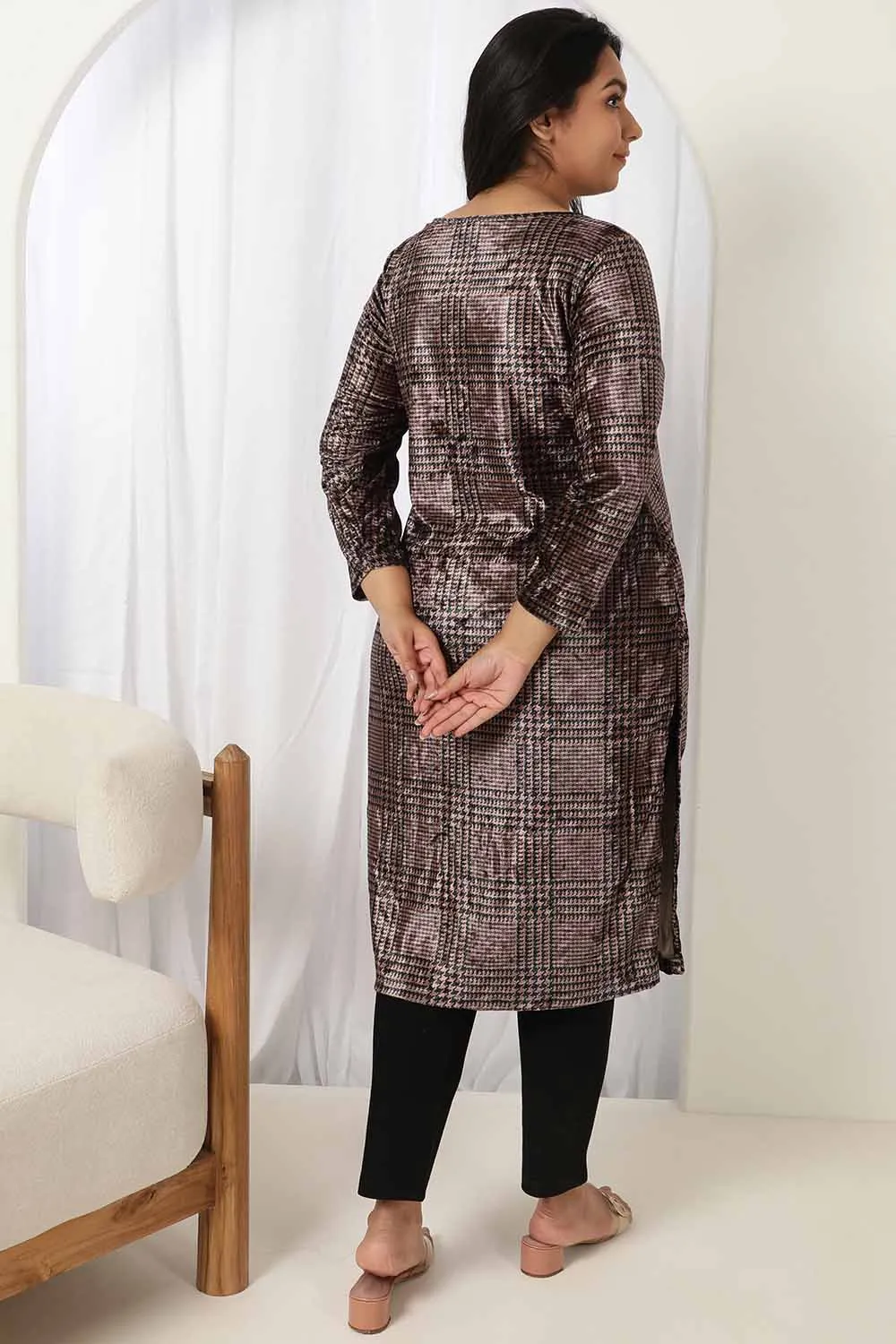 Brown Houndstooth Velvet Kurta