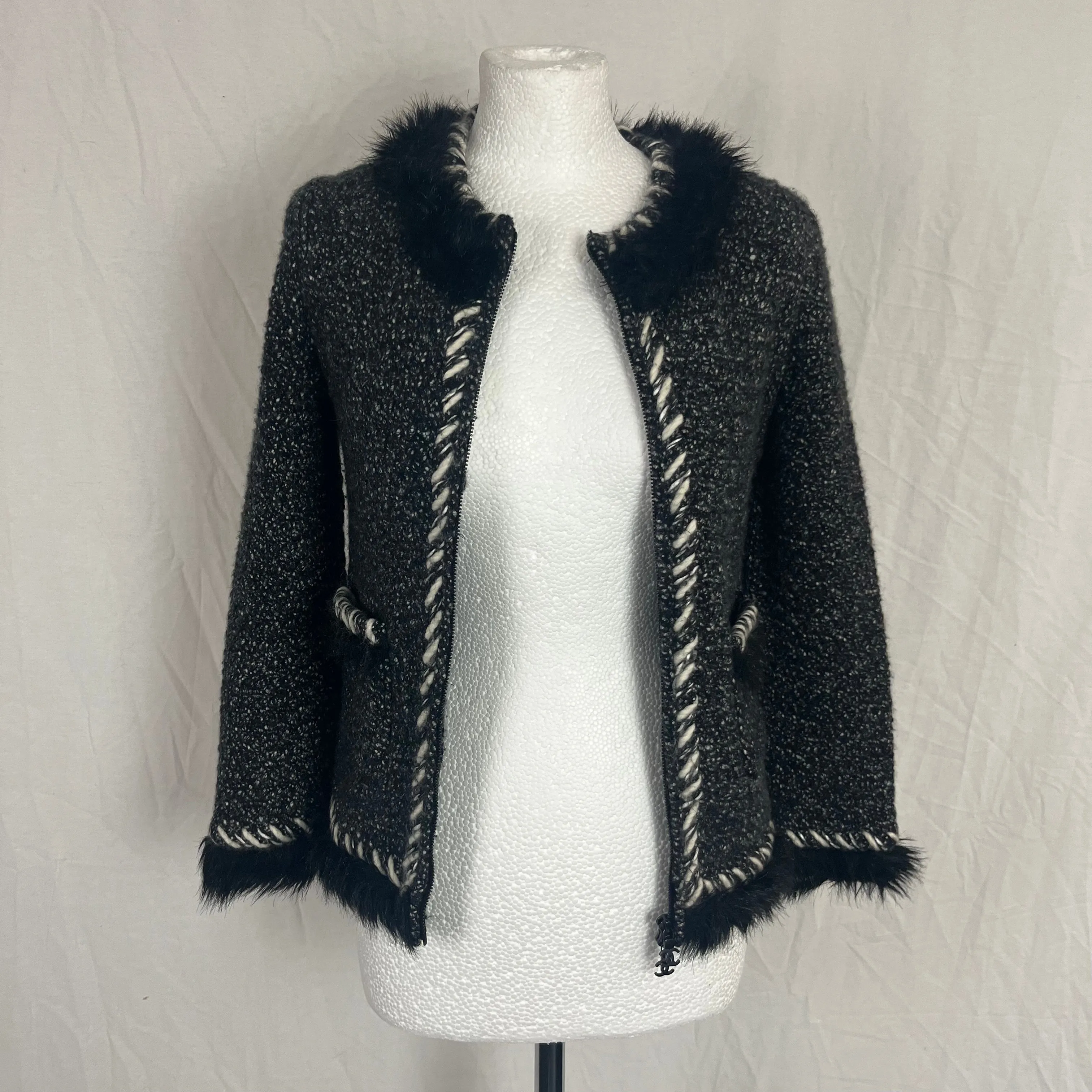 Chanel Monochrome Boucle Cashmere Jacket with Faux Fur Trim XXS/XS