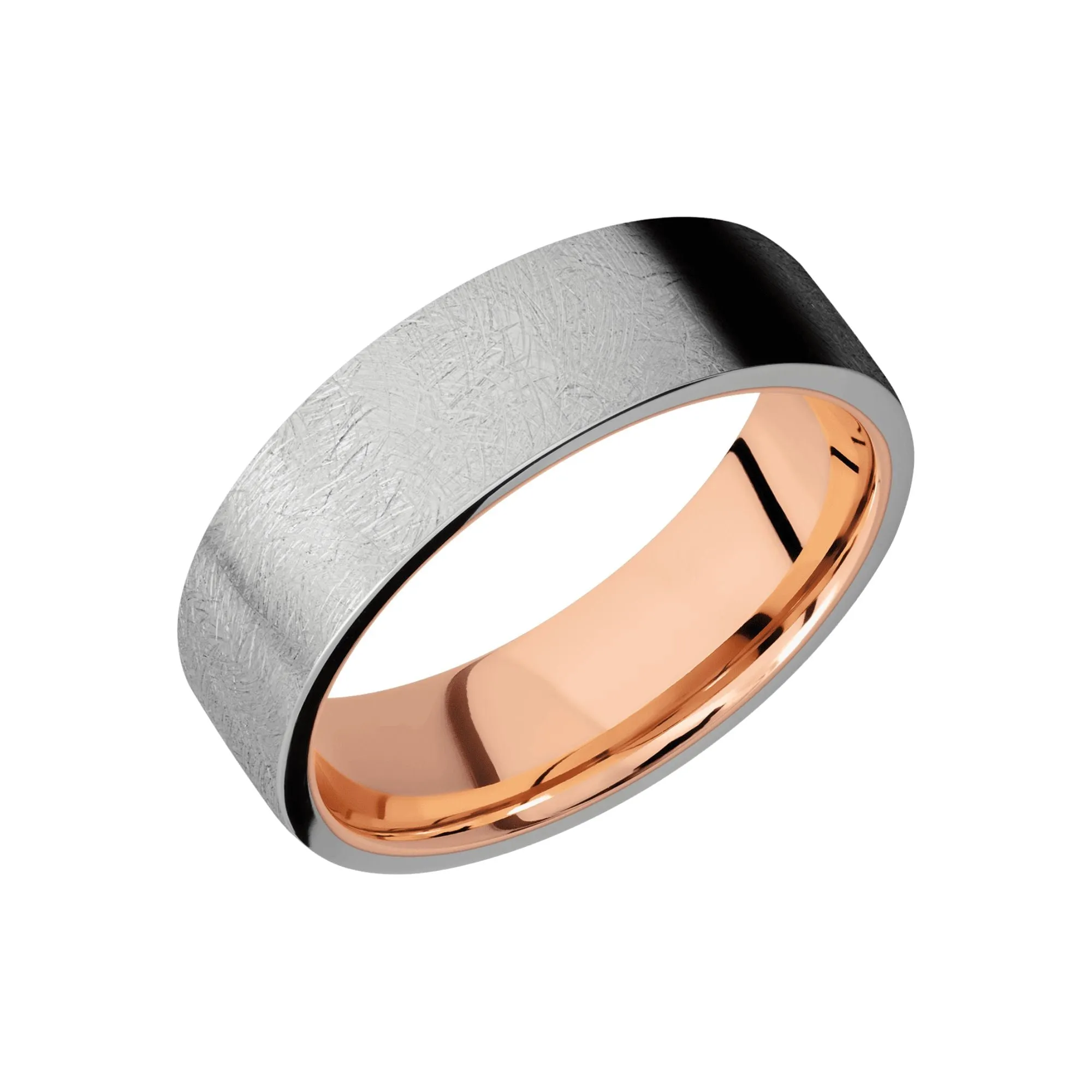 Distressed titanium 7mm wedding band with 14K rose gold sleeve