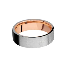 Distressed titanium 7mm wedding band with 14K rose gold sleeve