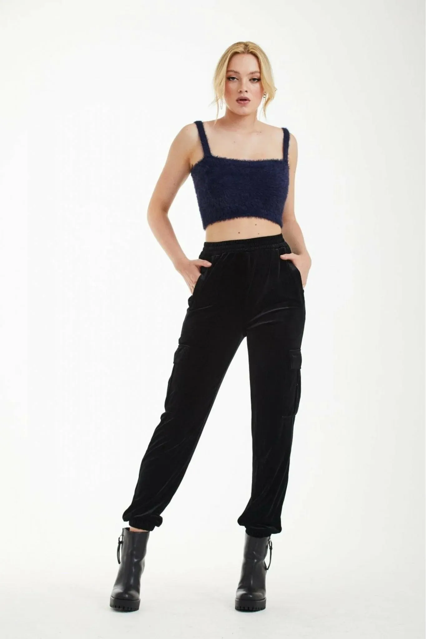 Double Second Black Velvet Cargo Trousers