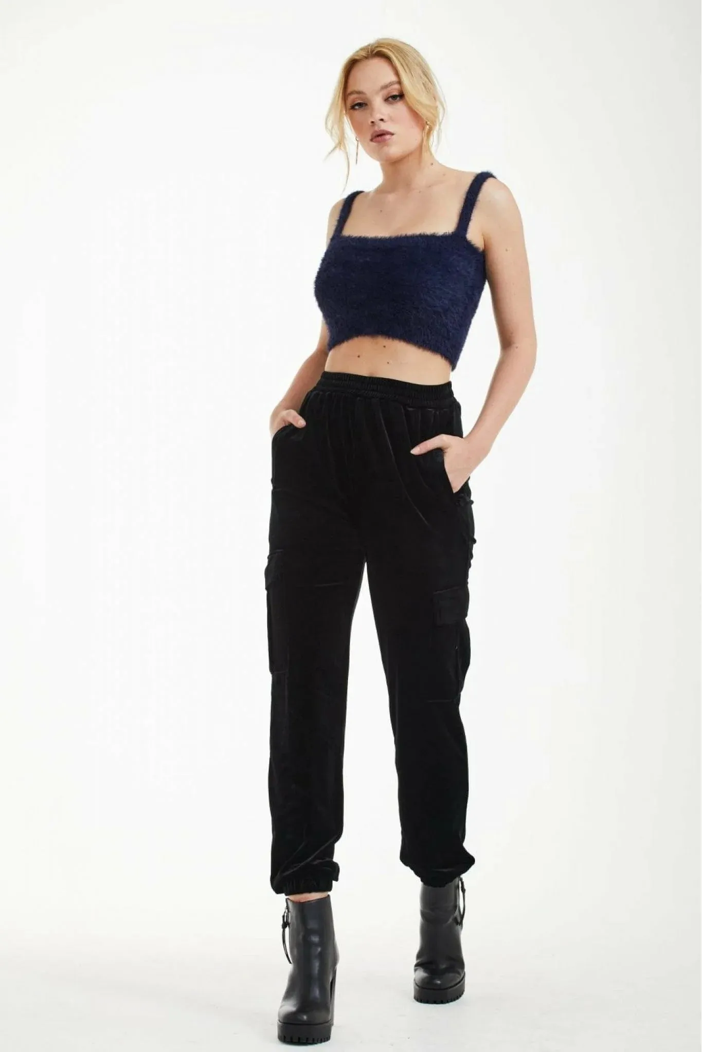 Double Second Black Velvet Cargo Trousers