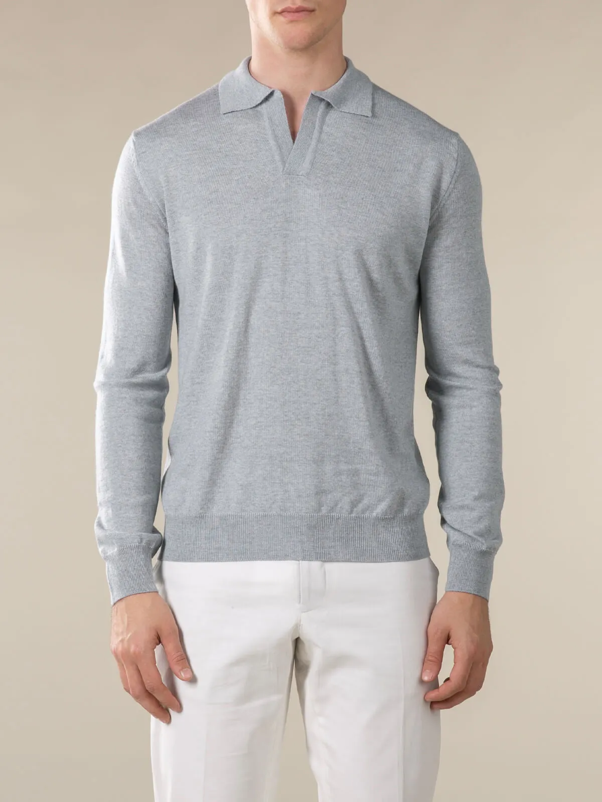 Extrafine Merino Buttonless Polo Light Grey