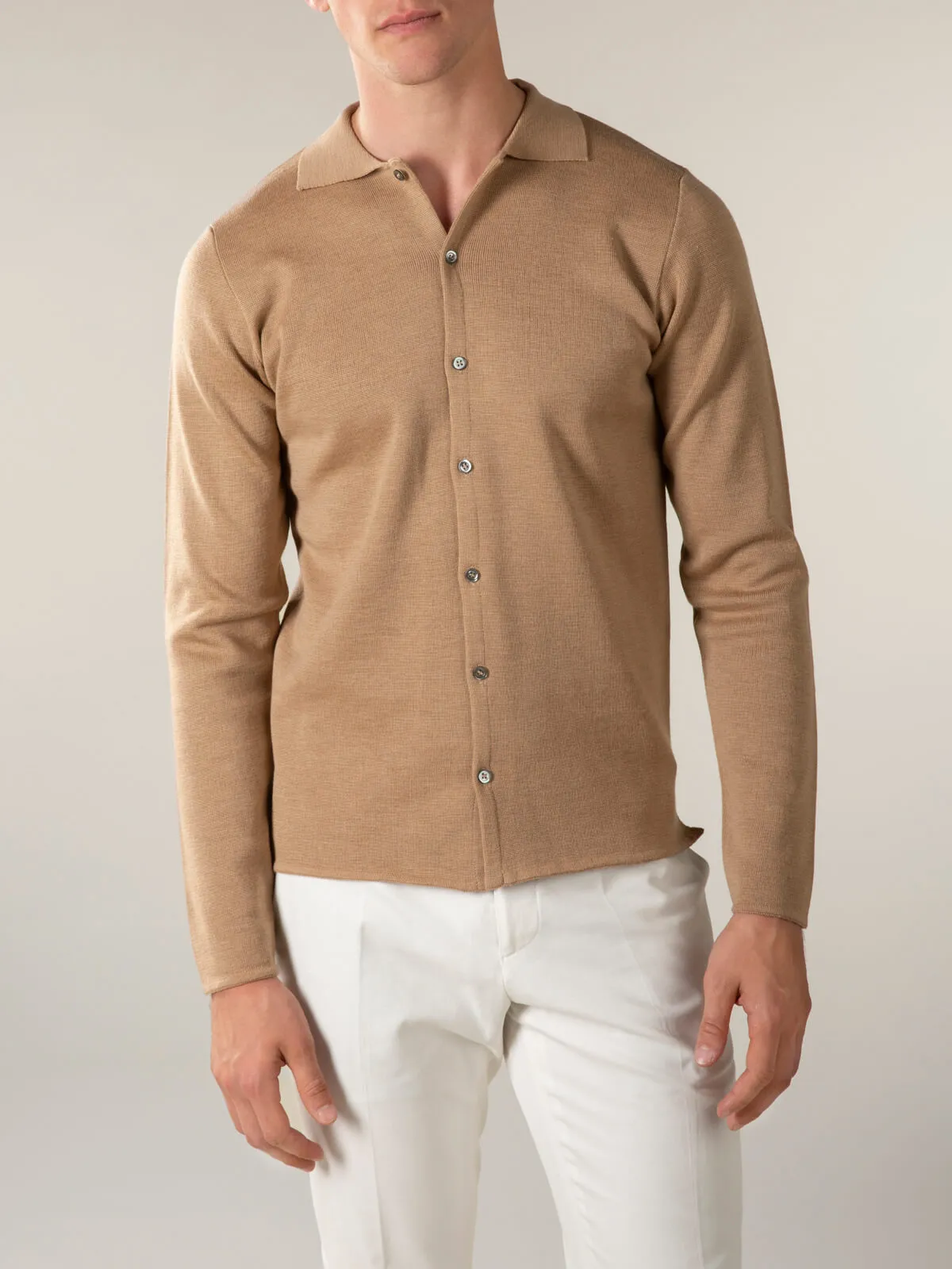 Extrafine Merino Knitted Shirt Beige