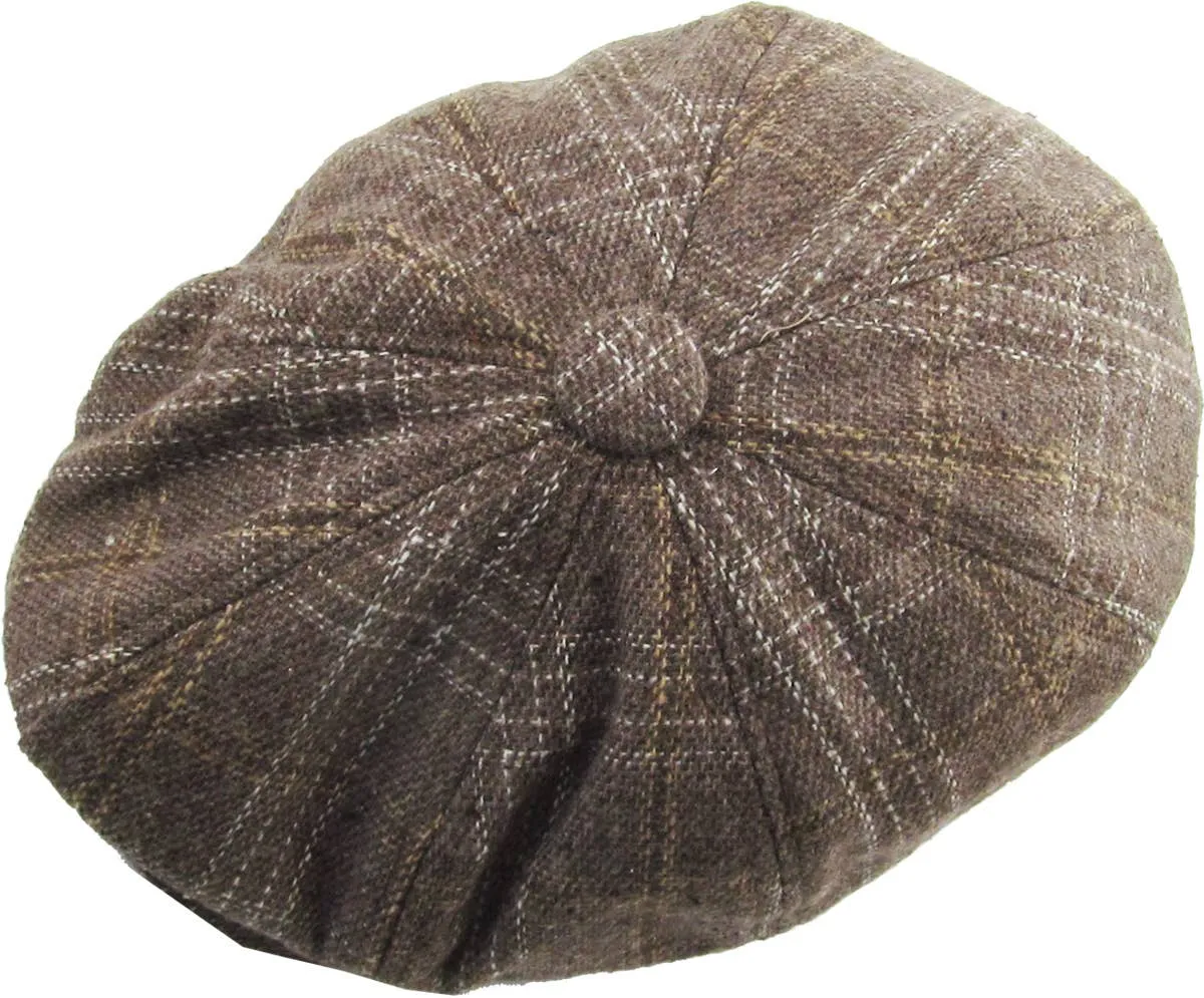 Grey Plaid Button Newsboy Hat