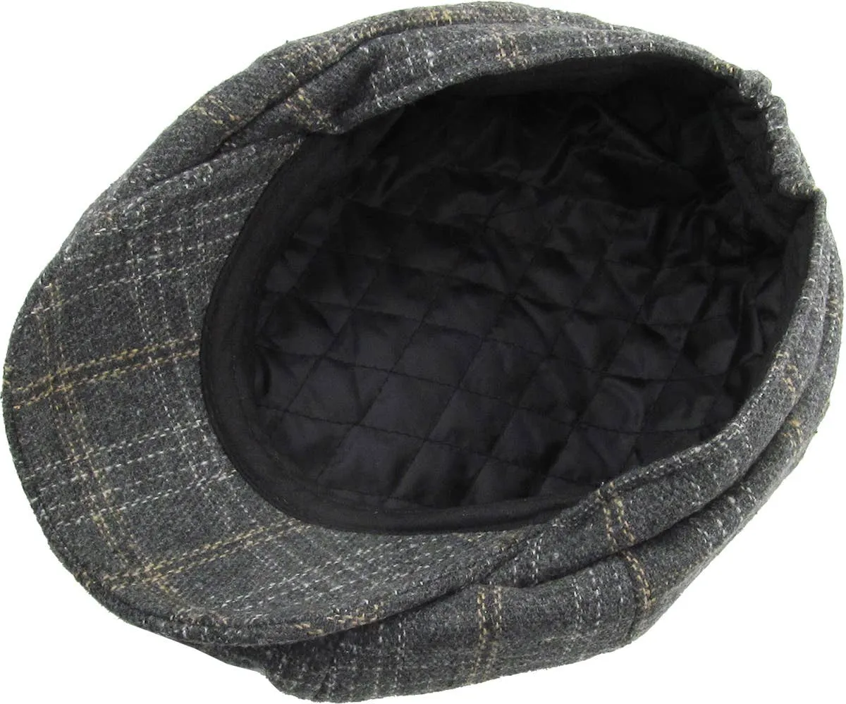 Grey Plaid Button Newsboy Hat