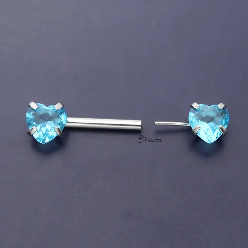 Heart CZ Ends Push in Nipple Barbell - Aqua