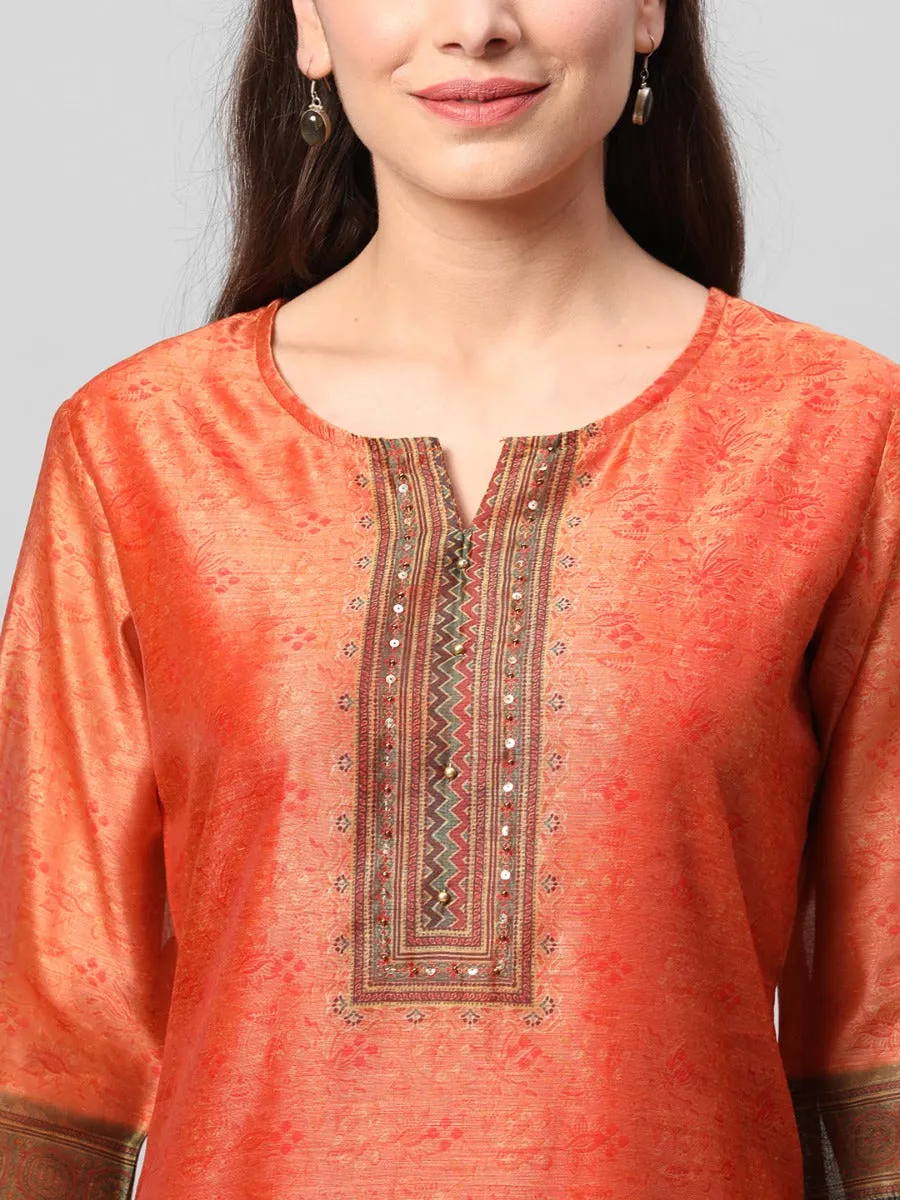 Orange Ornamental Printed Kurta Trouser Dupatta