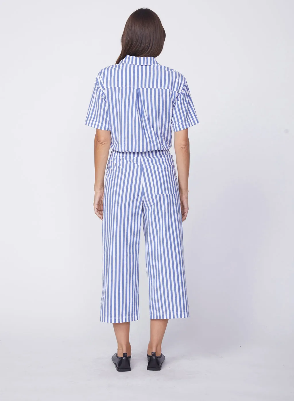 Puckered Stripe Cropped Pant in Navy Stripe