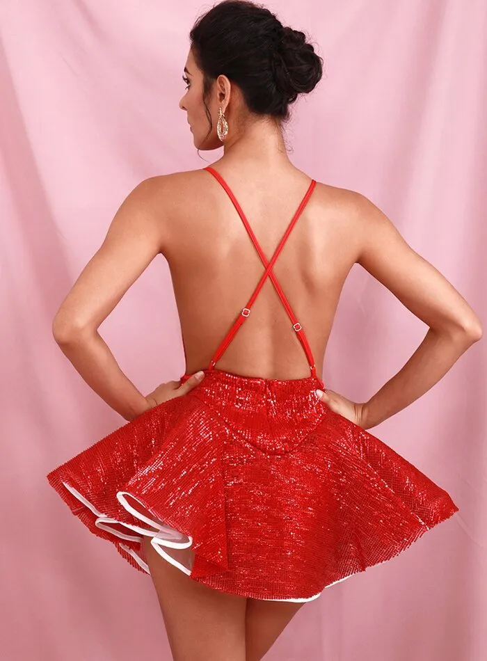 Red  Deep V-Neck Open Back Ballet Style Sequins Playsuit