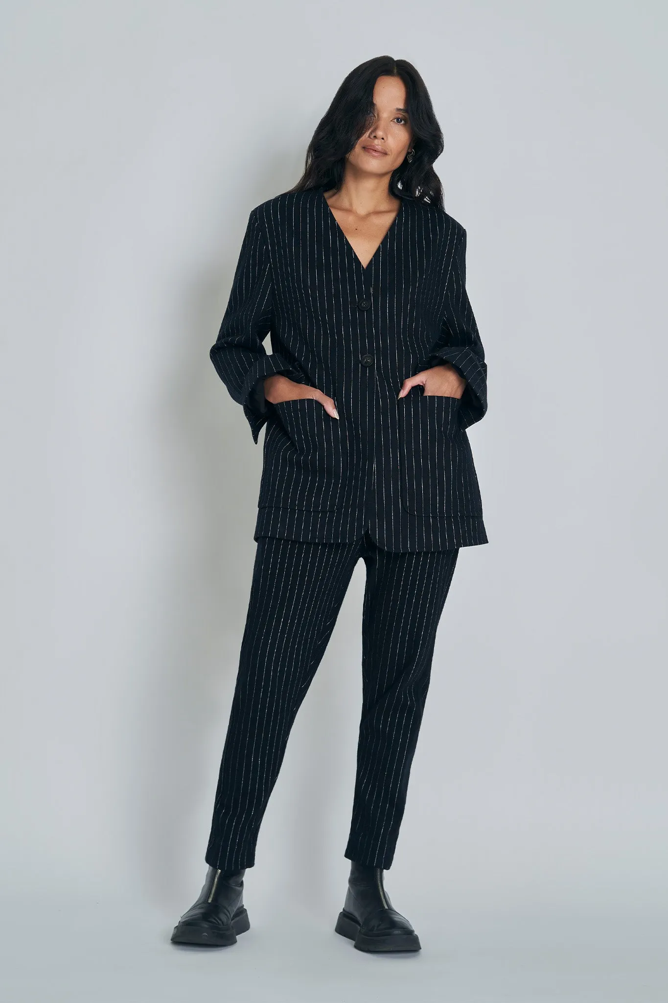 Stella Blazer | Black with Silver Pinstripe