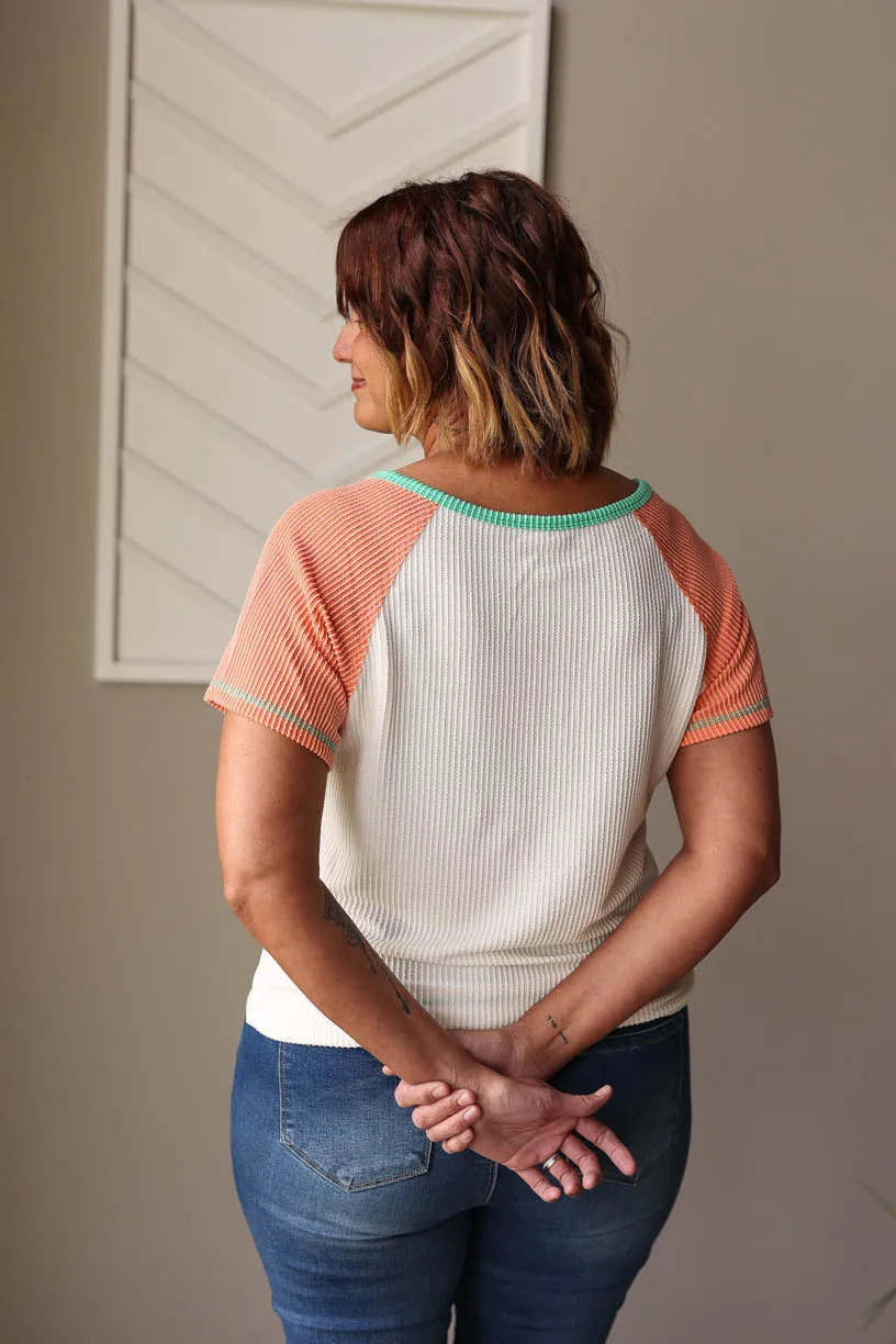 White Colorblock Textured Henley Top • S-2XL PLUS