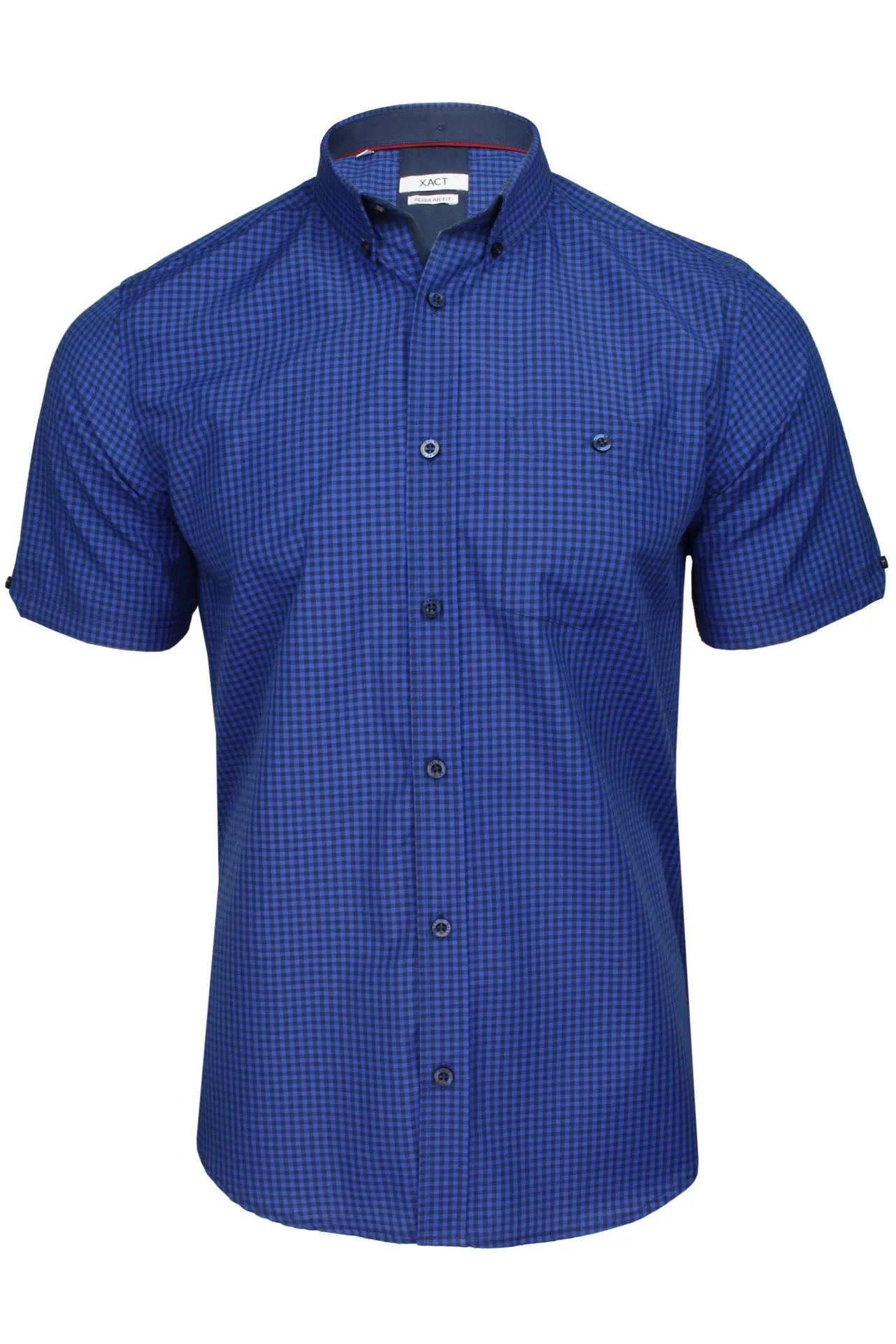 Xact Men's Gingham Check Shirt with Button-Down Collar - Short Sleeved